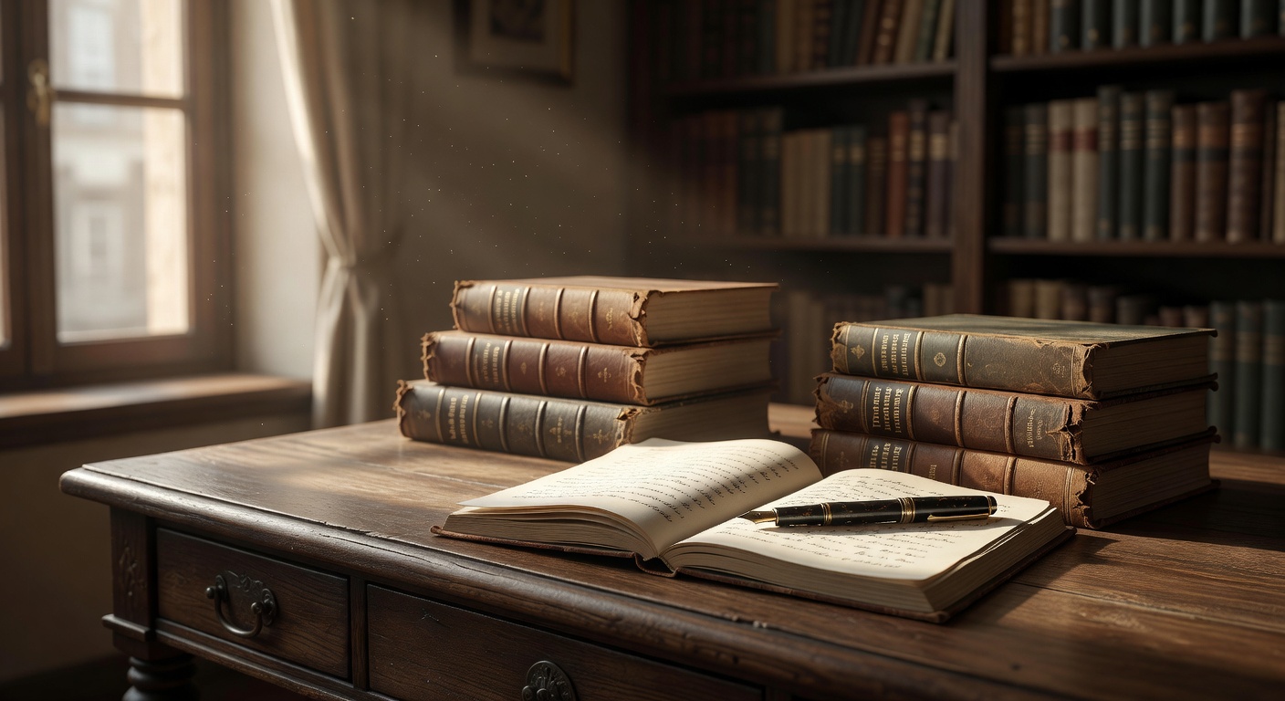 A sunlit writer's desk with leather books and an open notebook — contemplative literary setting